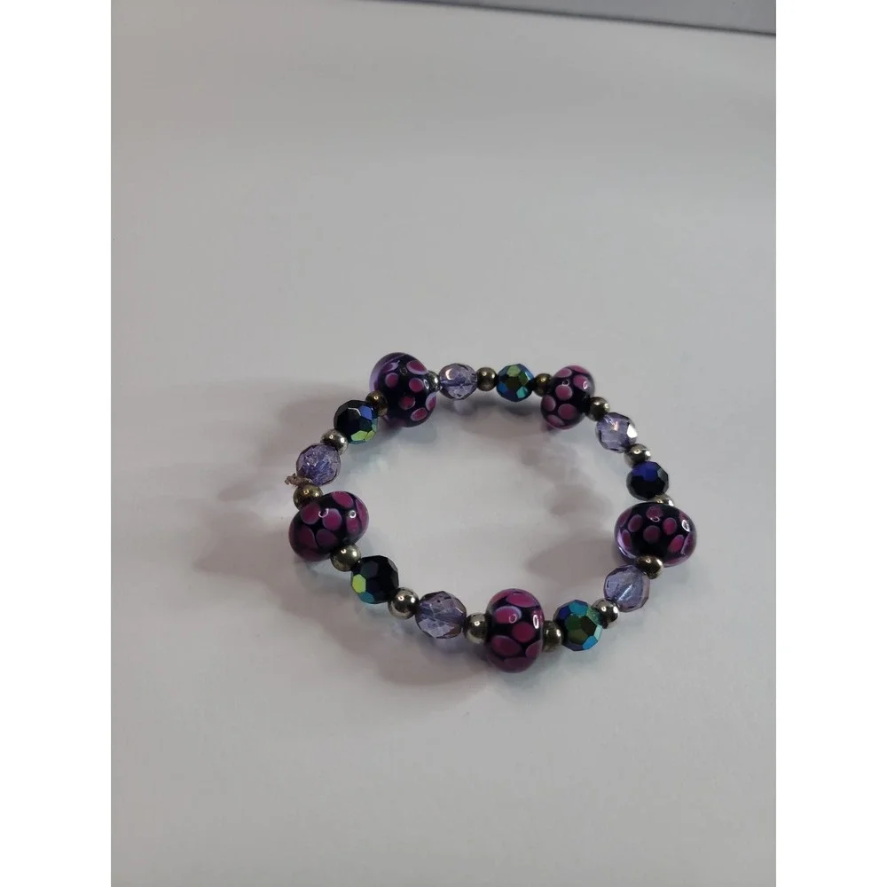 Pink Black Purple Beaded Stretch Bracelet with floral Dot Pattern